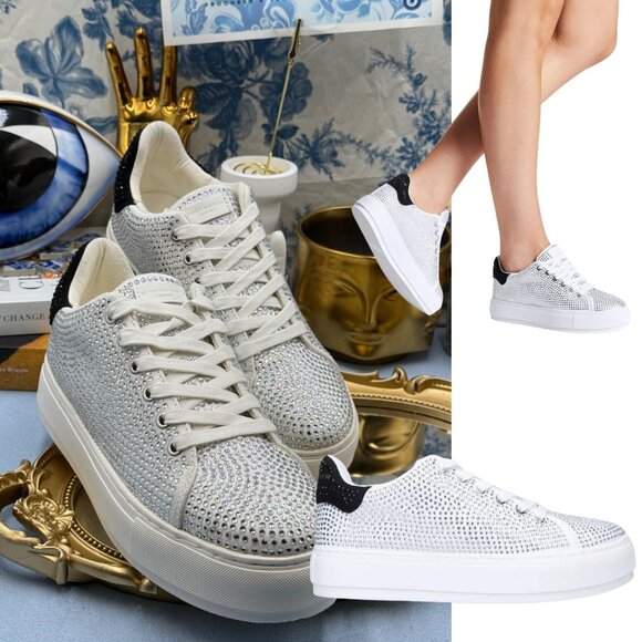🆕 KURT GEIGER LONDON 🧿 NWOT Laney Silver Crystal Low Top Sneaker, Sz 38.5 US 8